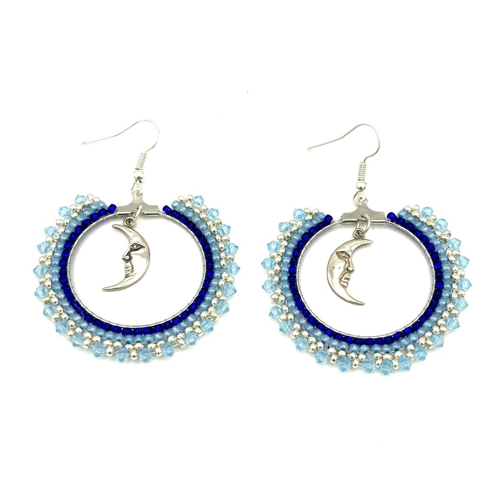 HAND CRAFTED Beaded Hoop Chunky Earrings with Sterling Moon Blue and Silver